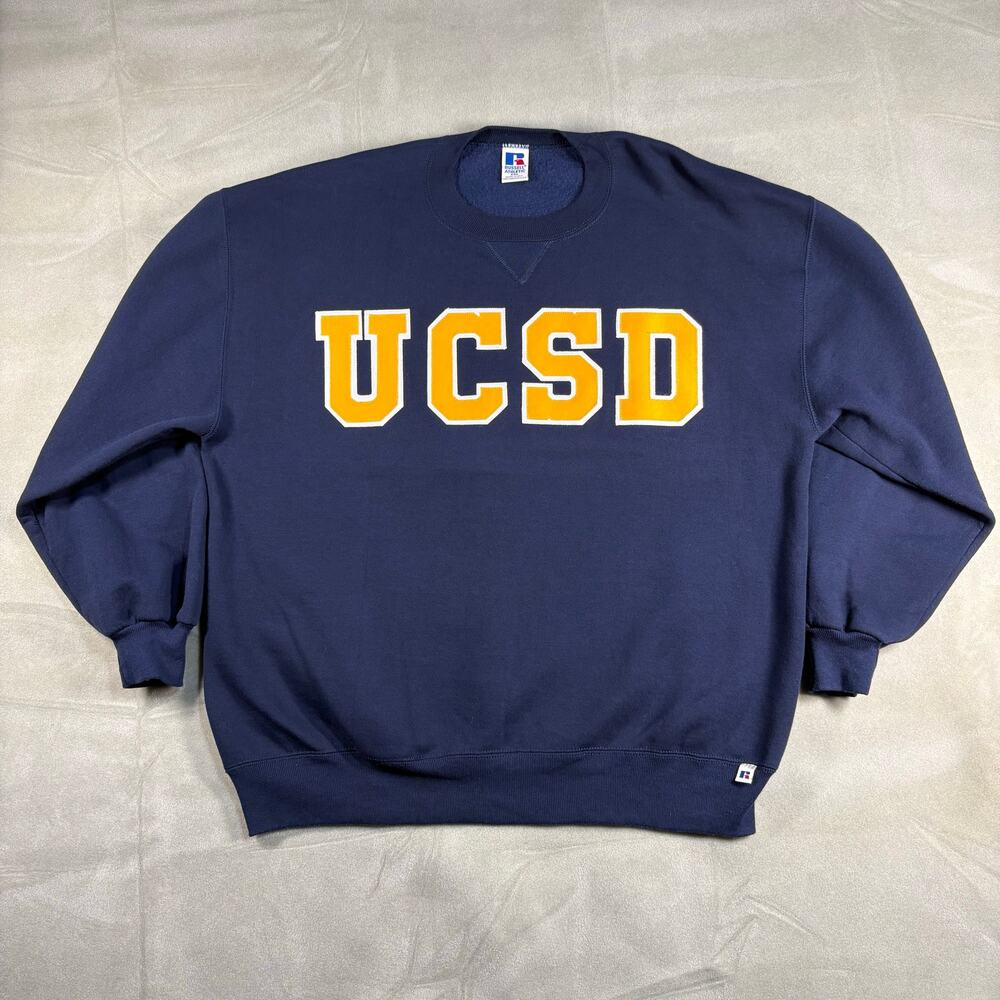 Vintage UCSD Crewneck Navy Blue Russell Athletic‎ Spell Out Pullover Sz 2XL